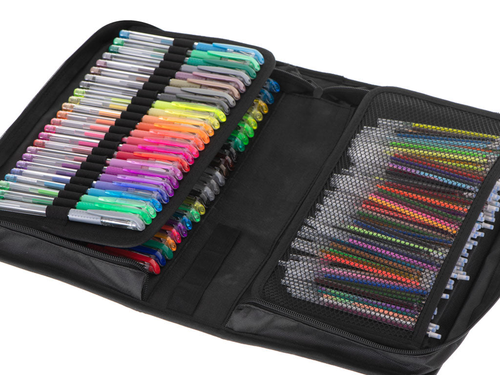 Set 120 pixuri cu gel + 120 de rezerve, 4 tipuri de culori, metalice, fluorescente, glitter si multicolore, geanta depozitare, carte de colorat Set 120 pixuri cu gel + 120 de rezerve, 4 tipuri de culori, metalice, fluorescente, glitter si multicolore, geanta depozitare, carte de colorat